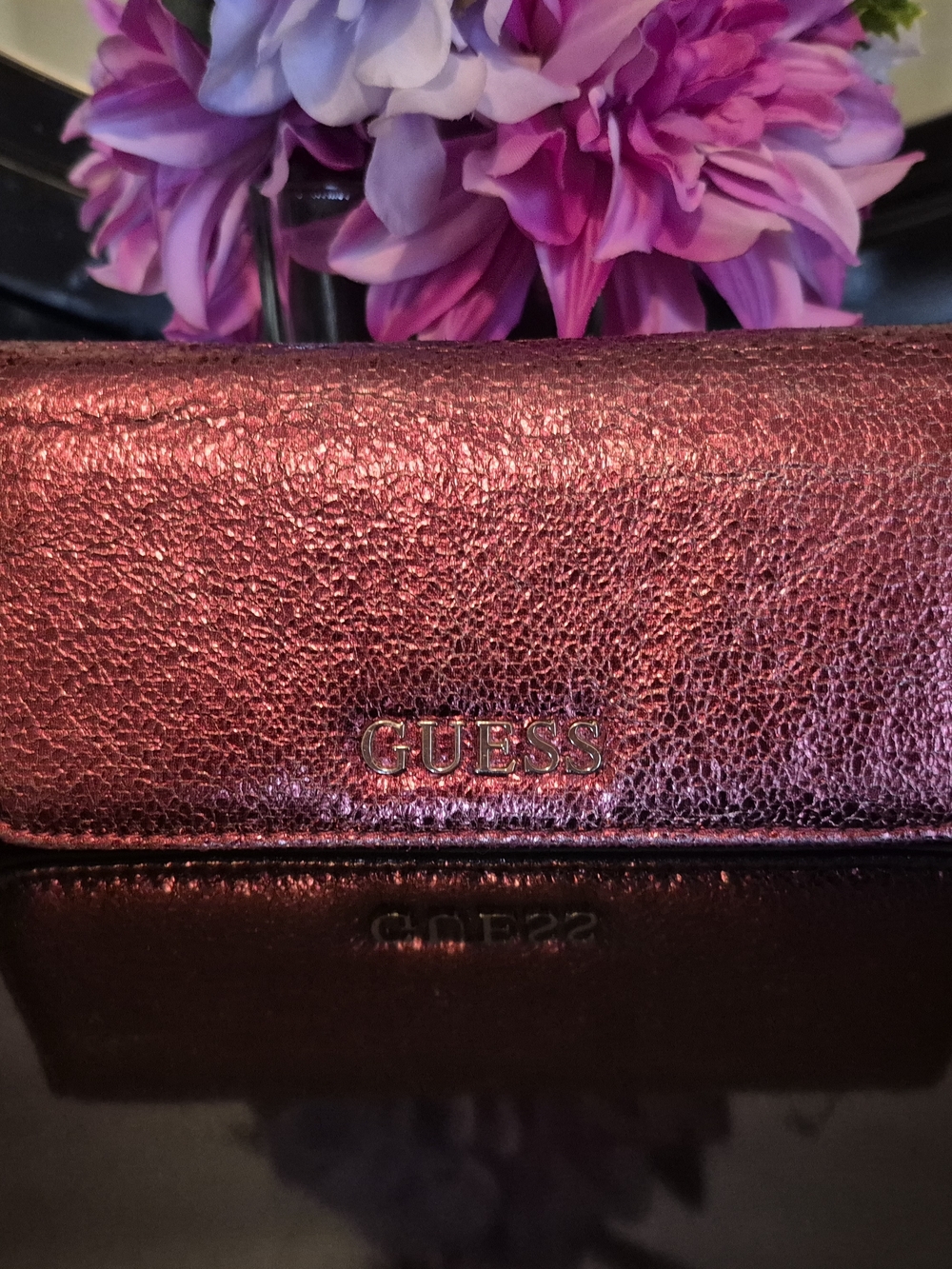 GUESS Metallic Wine Red Bifold Wallet with Gold Logo